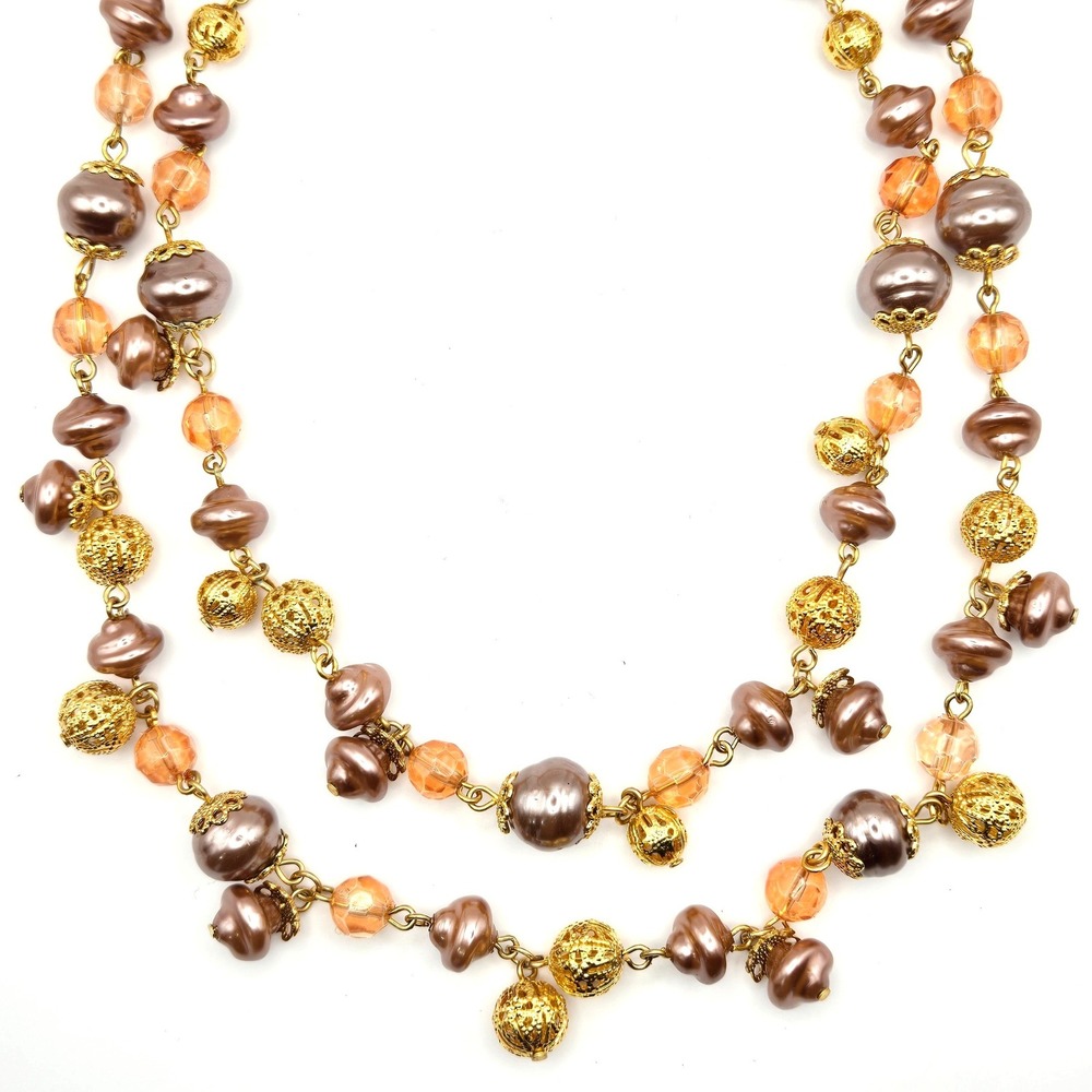 Talbots Mauve Faux Pearl and Peach‎ Beaded Double Strand Necklace Gold Tone NWT